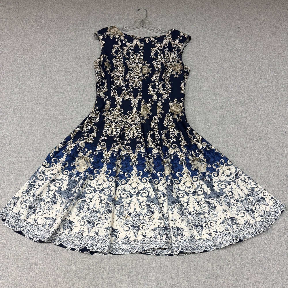 Gabby Skye Dress Size 10 Navy Blue Gold White Damask Baroque Fit Flare Sleeveles